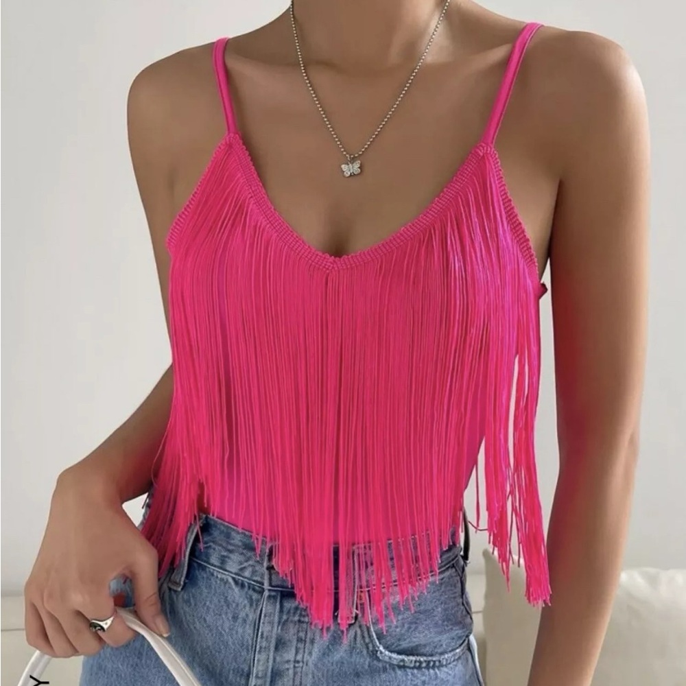SHEIN Pink Fringe Trim Detail Cropped Cami Top